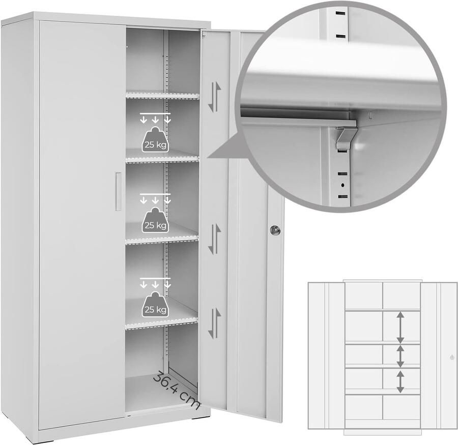 Ganeey Metalen Archiefkast 80x40x180 cm – Stalen Opbergkast met Slot – 5 Verstelbare Planken – Afsluitbare Kast voor Kantoor Garage & Woonkamer – Sterke Stalen Kast met Dubbele Deuren – Grijs