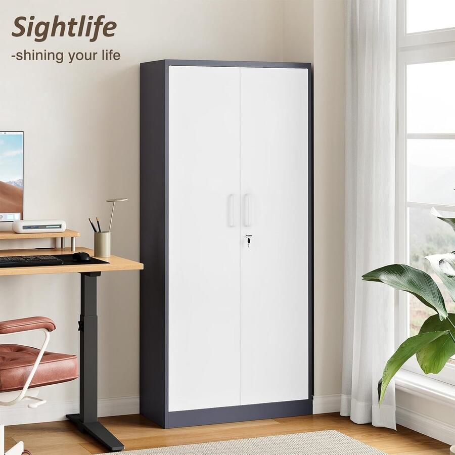 Ganeey Metalen Dossierkast met Slot – Stalen Opbergkast met 4 Verstelbare Planken – 2 Deuren – 170x78x39 cm – Grijs Wit – Multifunctionele Archiefkast voor Kantoor Garage School & Werkplaats