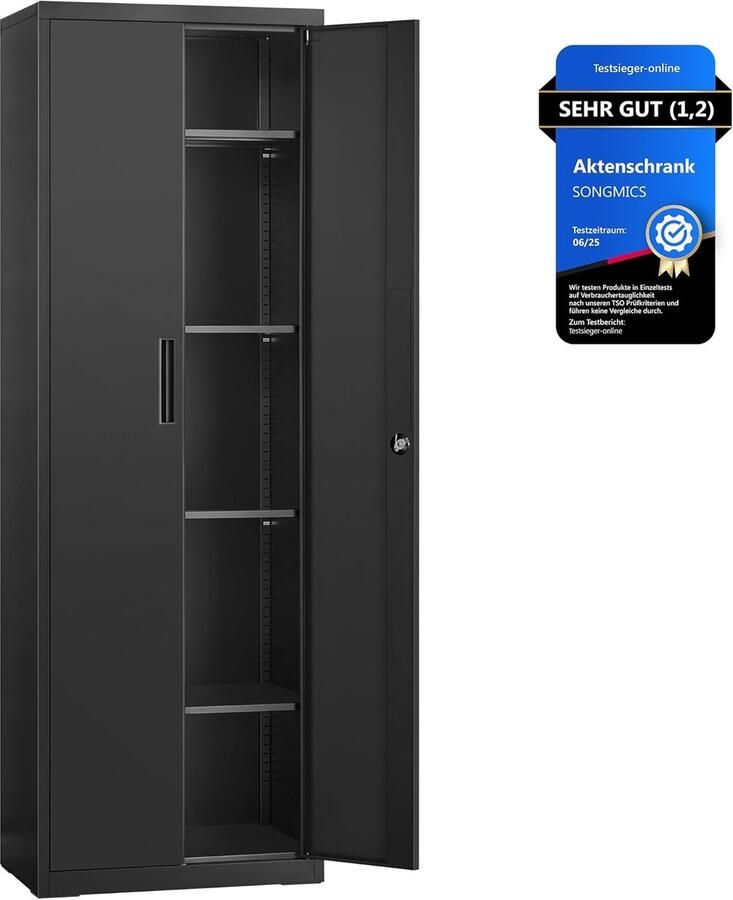 Ganeey Metalen Opbergkast met Slot – Dossierkast met 5 Verstelbare Planken – 180x60x40 cm – Dubbele Deuren – Multifunctionele Archiefkast voor Kantoor Garage Werkplaats of Woonkamer – Stabiel & Duurzaam – Matzwart