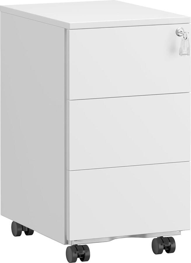 Ganeey Metalen Rolcontainer met 3 Laden – Afsluitbare Ladekast op Wielen – Mobiele Archiefkast – Voorgemonteerd – Compacte Kantoorkast voor Bureau of Thuiskantoor – 40x30x54 cm – Mat Wit