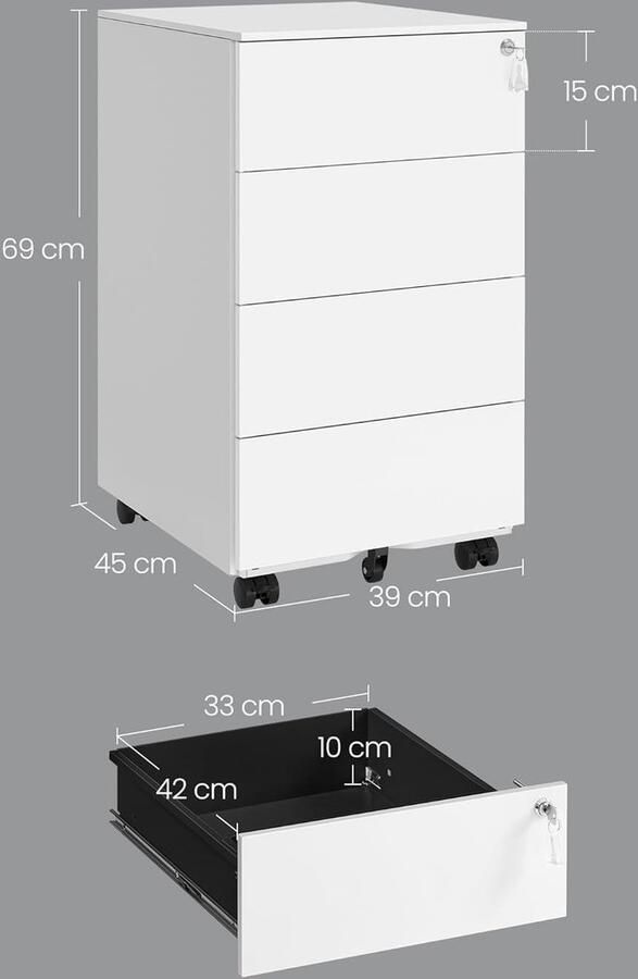 Ganeey Metalen Rolcontainer met 4 Laden – Afsluitbare Ladekast op Wielen – Mobiele Archiefkast Onder Bureau – Kantoorkast & Bureaukast – Voorgemonteerd – Modern Design – Wolkenwit – 45 x 39 x 69 cm