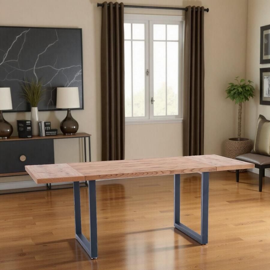 Ganeey Montana Uitschuifbare Eettafel – Houtskleur & Zwart Staal – 126-206 cm – Rechthoekige Design Eettafel – 8 Personen – Industriële Houten Eetkamertafel