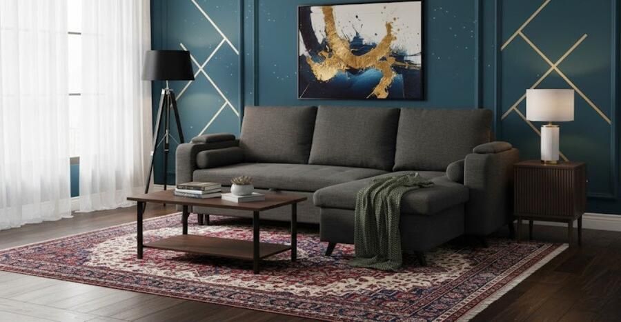 Ganeey Multifunctionele Slaapbank met Opbergruimte en 2 Bekerhouders – Comfortabele Grijze Bedbank – Modern Gestoffeerd Meubel – 2-Zits Slaapbank voor Woonkamer en Logeerkamer – Robuuste Rubberhouten Poten – Makkelijk te Monteren