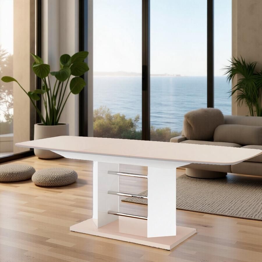 Ganeey Pierremont Luxe Uitschuifbare Eettafel – 160-256 cm – 10 Personen – Hout met Fineer – Cappuccino Wit Hoogglans – Rechthoekig – Moderne Design Eettafel