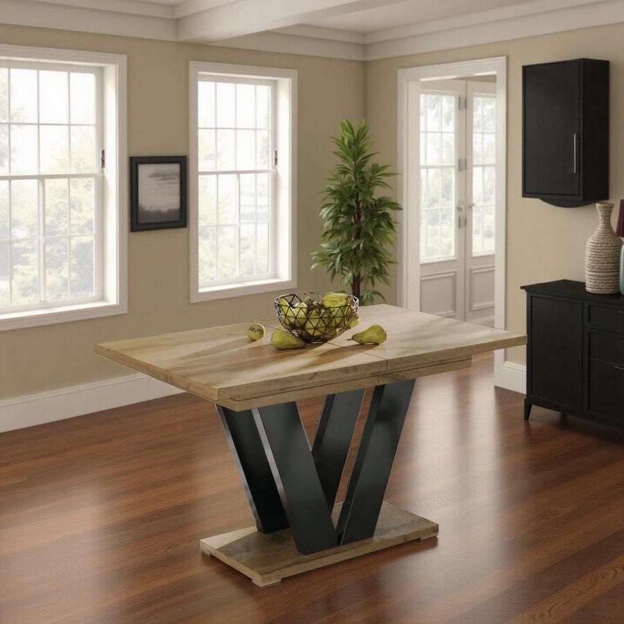 Ganeey Ravenoville Luxe Uitschuifbare Eettafel – Wotan Eiken 130-210 cm 8 Personen Moderne Rechthoekige Eettafel met Houtfineer Blad & Zwart Onderstel