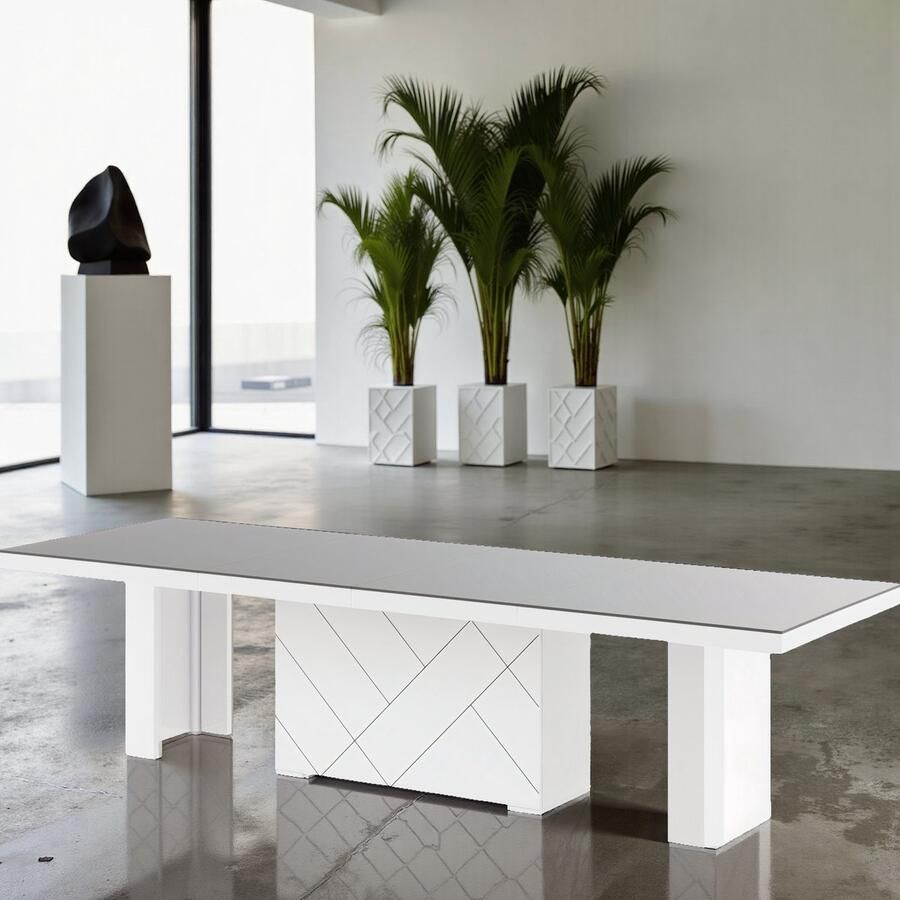 Ganeey Tregarvan Luxe Uitschuifbare Eettafel – Hoogglans Grijs & Wit – 180-468 cm – Grote Design Tafel voor 12 Personen – Stevig & Stijlvol – Moderne Uitschuifbare Tafel