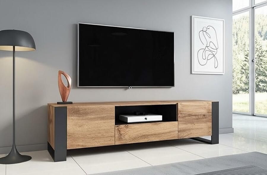 Ganeey TV Meubel Hout 180cm Wotan Eiken TV Kast met 2 Deuren en 1 Lade Rustieke Lowboard Onderkast Massief Houten Televisiekast voor Woonkamer TV Tafel zonder Montage Nodig Luxe TV Meubel Modern Landelijk Design