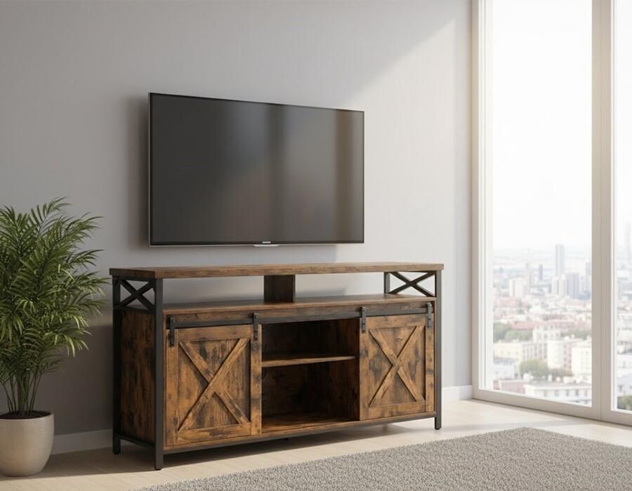 Ganeey TV-meubel voor televisies tot 65 inch – Industriële TV-kast met verstelbare planken & rustieke schuifdeur – Vintage lowboard met metalen frame – 147x40x76 cm – Landelijke stijl – Vintage Line