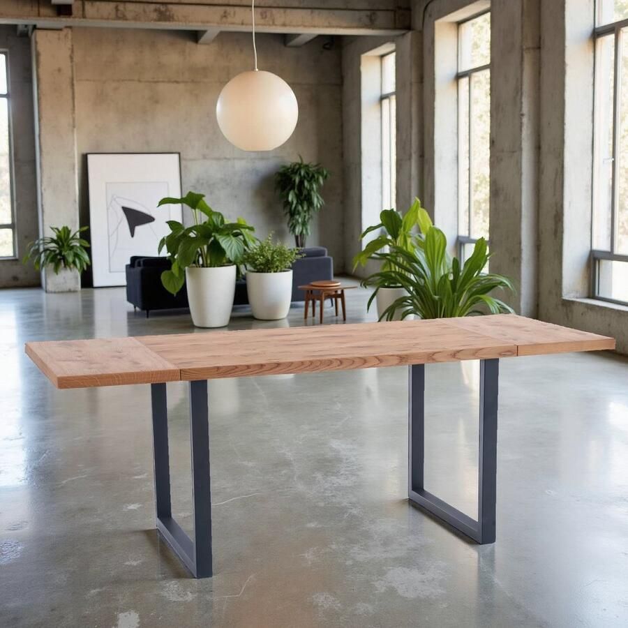 Ganeey Uitschuifbare Eettafel Pleguien – Houtkleur & Zwart Staal – 8 Personen – Moderne Rechthoekige Design Eettafel – Uitbreidbaar 126-206 cm