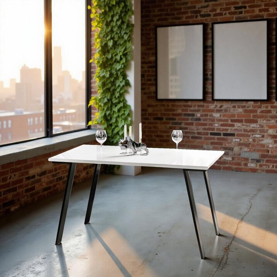 Ganeey Valeria Uitschuifbare Eettafel – Moderne Eettafel Hout & Fineer – Rechthoekig – 130-210 cm – 8 Personen – Wit Tafelblad met Zwart Frame