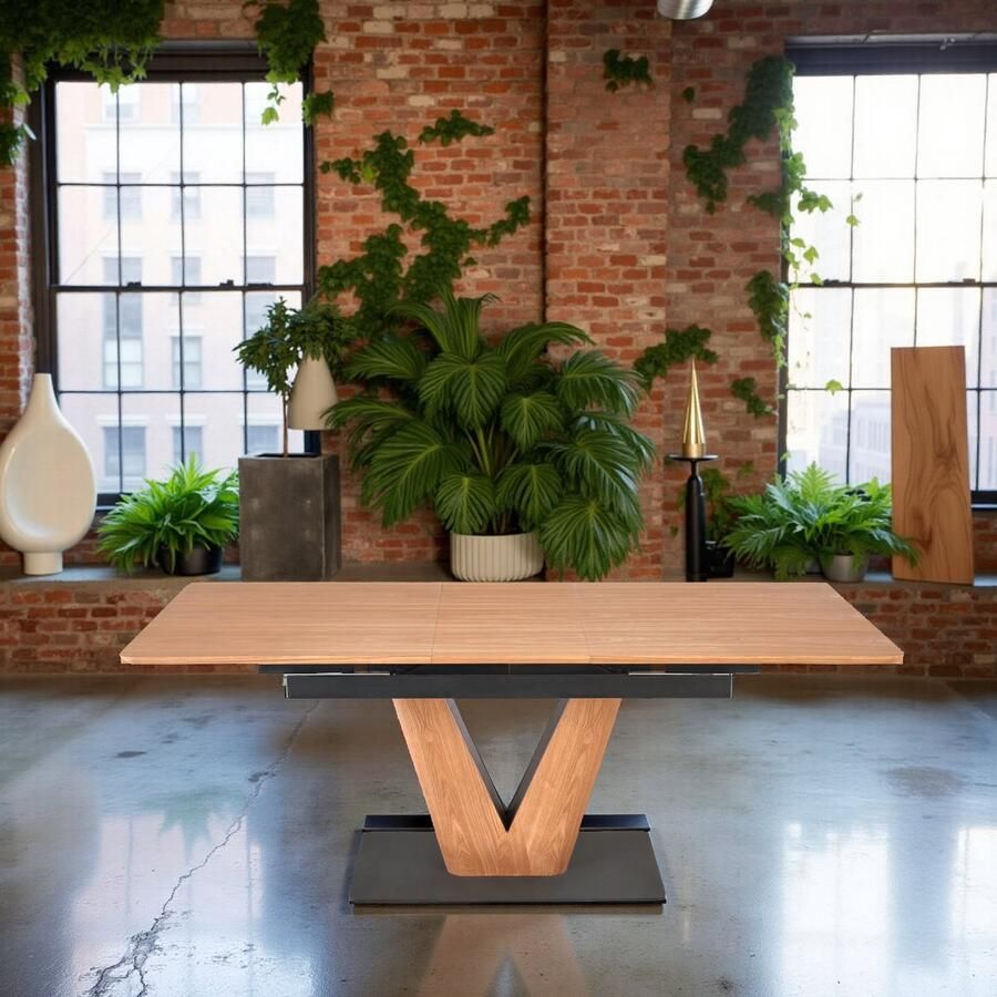 Ganeey Villebret Uitschuifbare Eettafel – Houtskleur & Zwart – 8 Personen – Stijlvolle Rechthoekige Tafel – Duurzaam Hout & Stalen Frame – 160-200x90x77 cm