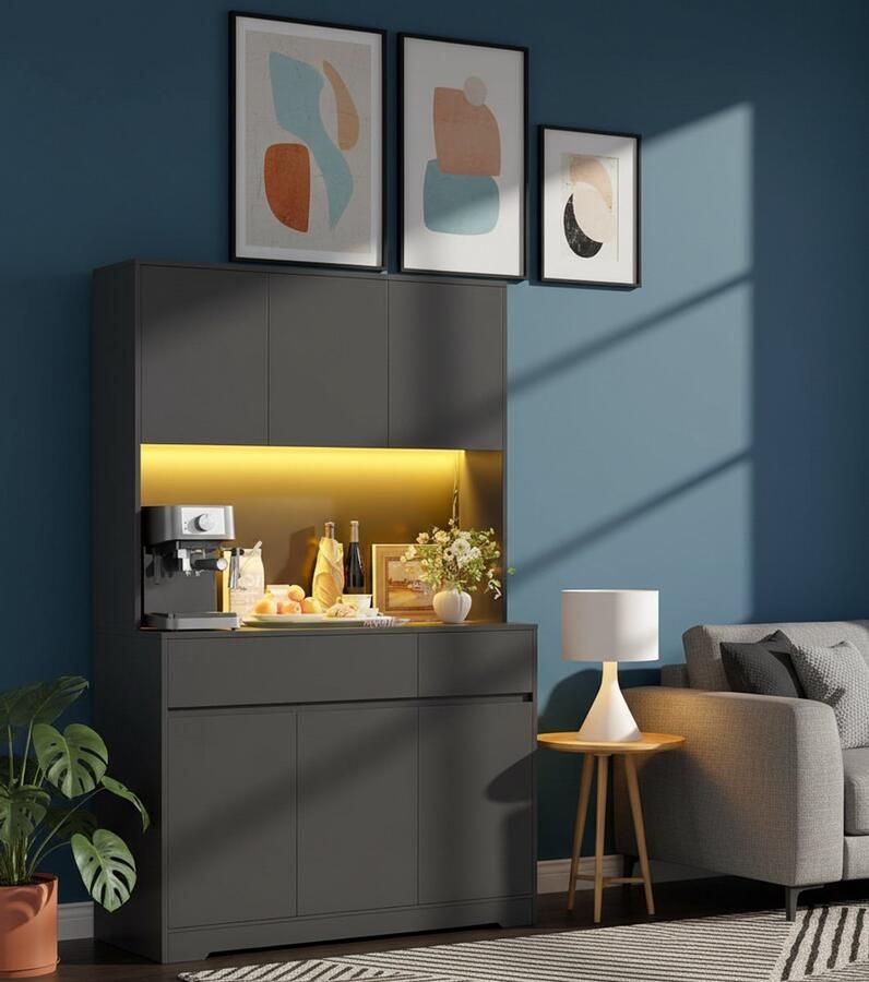 Ganeey Zwarte Keukenkast met Werkblad en LED Verlichting – Luxe Buffetkast met Stopcontact & USB – Hoge Kast met Laden en Deuren – Dressoir met Verstelbare Planken – Voor Keuken Eetkamer & Woonkamer – 100x38 5x180 cm