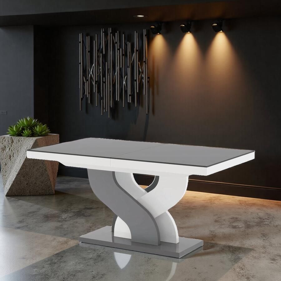 Ganeeyy Luxor Uitbreidbare Eettafel Hoogglans Grijs & Wit Modern Design voor 10 Personen Robuuste Houten Tafel met Veneer Afwerking ganeey