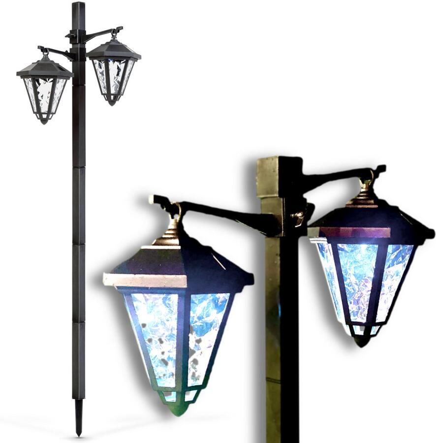 Garden Of Eden Dubbele Landelijke Tuinlantaarn LED Solar op Prikspot 137cm Hoog Tuinverlichting Sfeerverlichting Zwart Windlicht Lantaarn op Zonne-Energie 1 stuk Hangende Lamp voor Buiten op Standaard