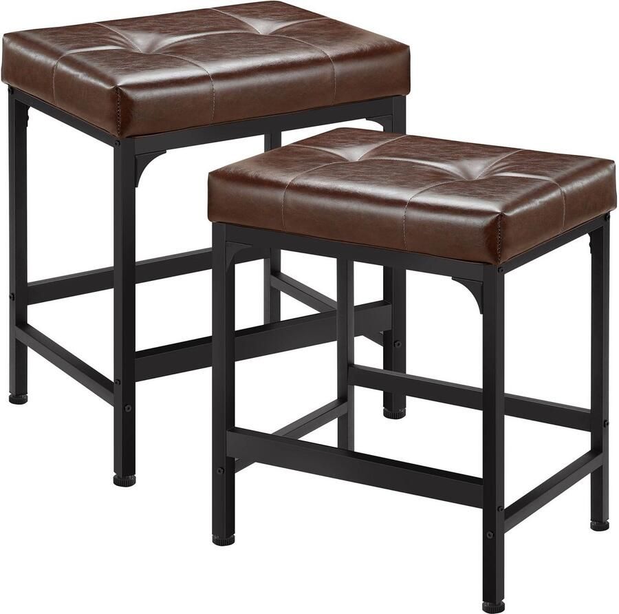 GARRYFIZH Barkrukken set van 2 – Barkruk – 61cm Zithoogte (49x34 5x61 cm) – PU Lederen Zitting – Industrieel Design – Metalen Frame – Voor Keukeneiland of Bar – Vintage Bruin