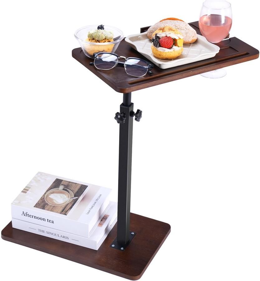 GARRYFIZH C-vormige Bijzettafel Verstelbaar – Bamboe Sofa Tafel met Draaibare Telefoonhouder -39 5×23cm (LxB)– Hoogte Instelbaar 46-77cm – Laptop & Dienblad Tafel voor Woonkamer Slaapkamer Bad Nachtkastje – Bruin