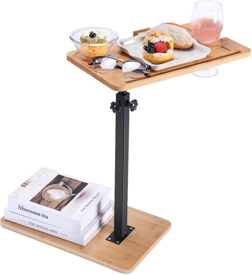 GARRYFIZH C-vormige Bijzettafel Verstelbaar – Bamboe Sofa Tafel met Draaibare Telefoonhouder –39 5×23cm (LxB) Hoogte Instelbaar 46-77cm – Laptop & Dienblad Tafel voor Woonkamer Slaapkamer Bad Nachtkastje –Houtkleur