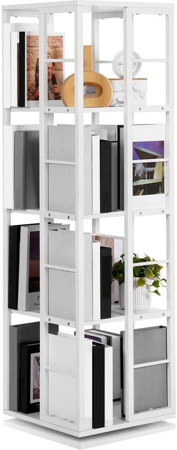 GARRYFIZH Draaibare Boekenkast – 4-Lagen 360° Roterende Boekenkast – Hoekrek met Metaal Frame – Compact Opbergrek voor Kleine Ruimte – Woonkamer Slaapkamer of Kantoor – Wit