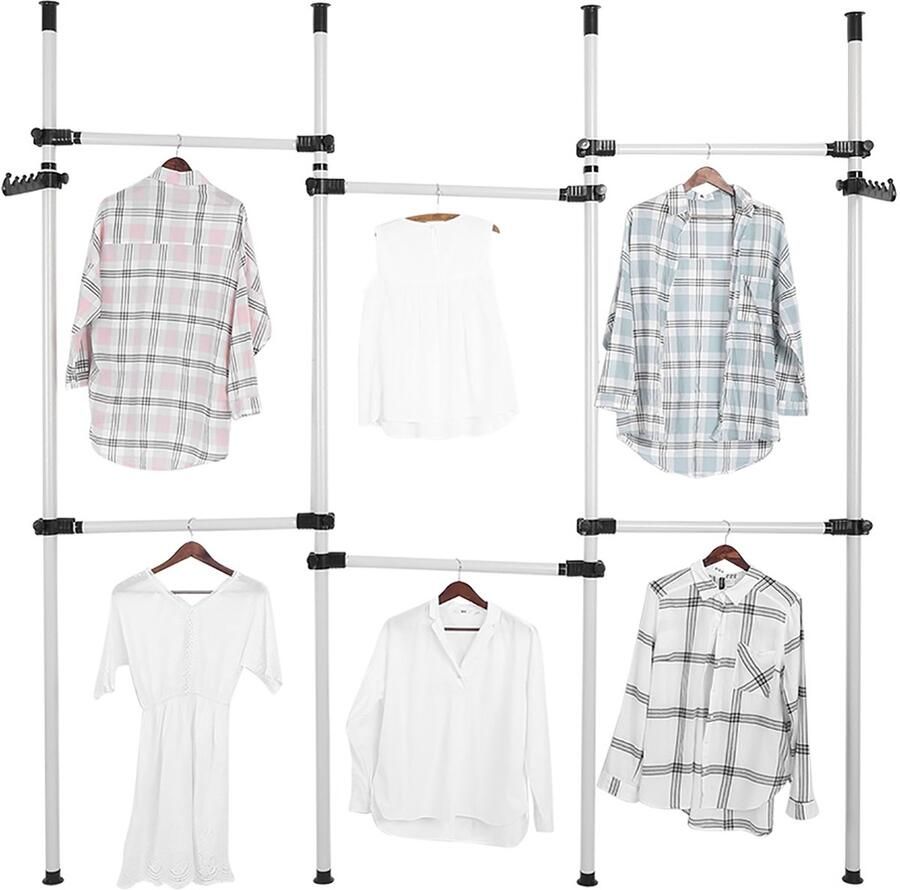 GARRYFIZH Verstelbaar Telescopisch Kledingrek – Top-tot-Bodem Garderoberek met 6 Horizontale Stangen – 38 mm Buis – DIY Binnen Kapstoksysteem – Zonder Boren