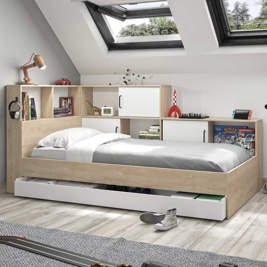 Gautier_diagone Gautier Diagone Tienerbed Erwan met opbergruimte en laden 90 x 200 cm wit en eik - Foto 13