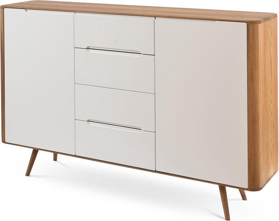 Gazzda Ena Dresser 180 Naturel Dressoir Massief Eiken Hout met 4 Lades 2 Deurs Ladekast Opbergkast Scandinavisch Witte Frontjes 180 cm Breed