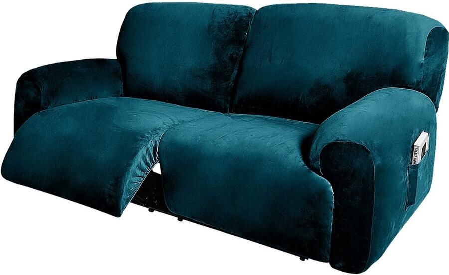 Gebin Extra brede 6-delige fluwelen fauteuil-stoelhoezen voor zitbreedte 190-254cm stretch fauteuil-stoelhoes voor woonkamer met zijvak fauteuilbeschermer voor tv-stoel (diepblauw)