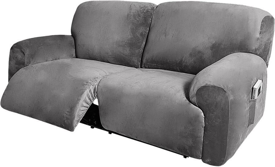 Gebin Extra brede 6-delige fluwelen fauteuilhoezen voor zitbreedte 190-254cm stretch fauteuilhoes voor woonkamer met zijvak fauteuilbeschermer voor tv-fauteuil (grijs)