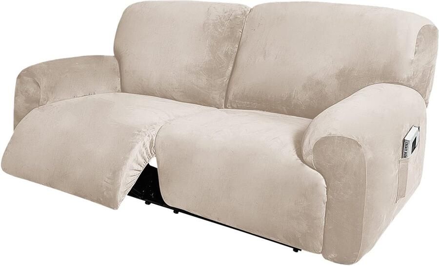 Gebin extra brede 6-delige fluwelen fauteuilhoezen voor zitbreedte 190-254cm stretch ontspanningsstoelhoes voor woonkamer met zijvak fauteuilbeschermer voor tv-stoel (beige)