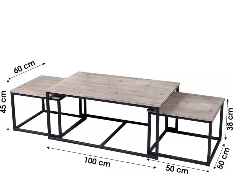 Gebor Bijzettafels Set 3 stuks Industriële look Zwart Metaal Hout Vierkant Langwerpig