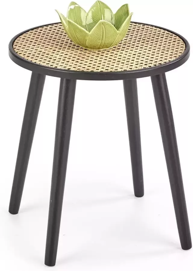 Gebor Bijzettafeltje – Plantentafeltje – Rotan Tafeltje – Rattan – Ronde Bijzettafel – Natuurlijk Materiaal – Zwart – Naturel – 44x39x39cm