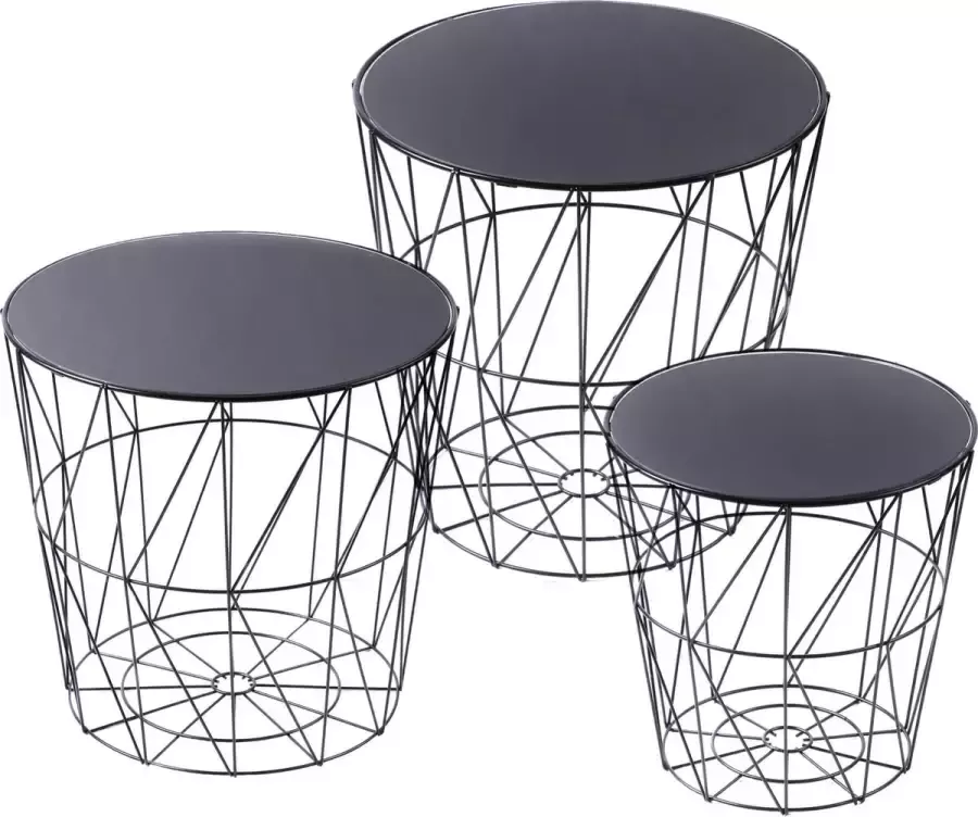 Gebor Bijzettafeltjes – Set van Drie – Ronde Bijzettafel – Ronde Vormen – Zwart Glazen Tafelblad – Metaal – Zwart – Geometrische vormen – 38x38 5x38 5cm