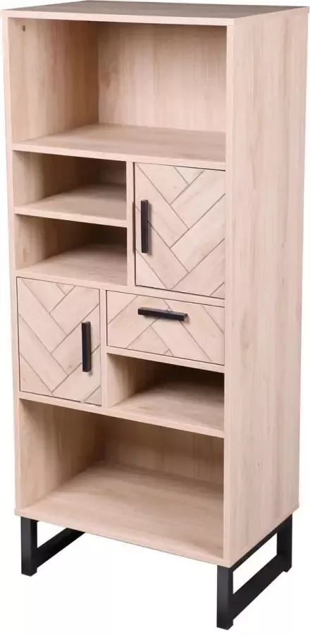 Gebor Boekenkast – Vakkenkast – Wandkast – Woonkamerkast Visgraat Patroon – Chevron Patroon – Stoer – Staal – Zwart – Natuurlijke look – 60x39 5x140cm
