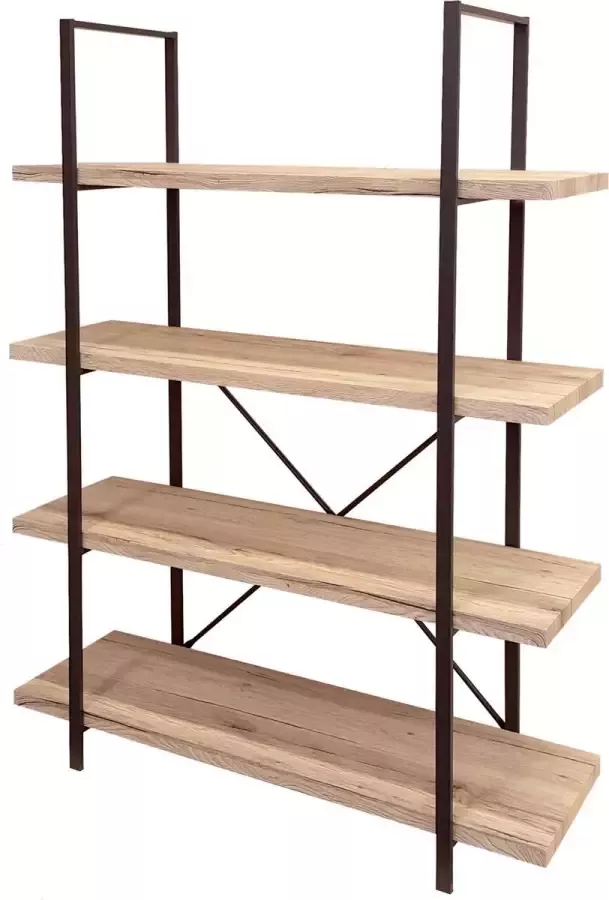 Gebor Industriële Stellingkast Jim – 4 planken – 100x33x140cm Wandkast – Open Boekenkast – Woonkamerkast – Stoer – Zwart – Naturel