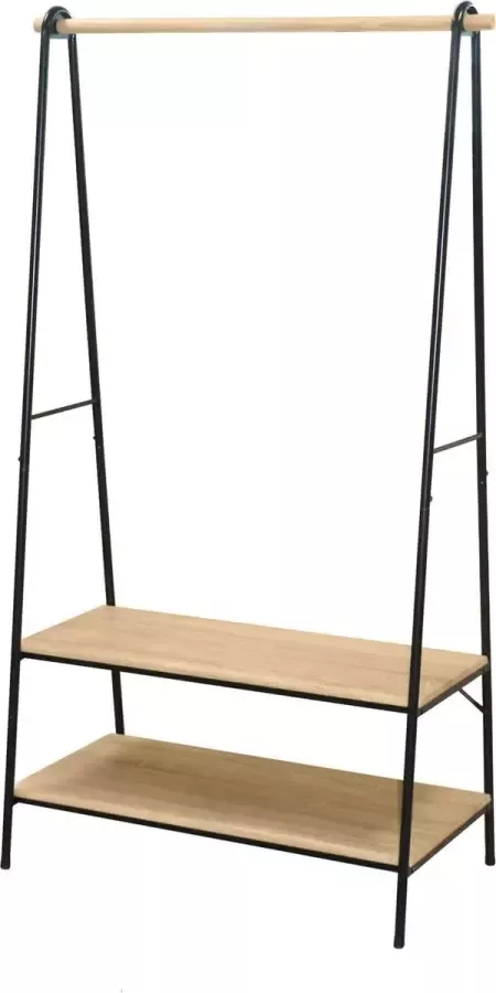 Gebor Kledingrek – Garderoberek – Jassenrek – Met Hangstang en Twee Planken – Met Schoenenplank – Zwart – Naturel – Metaal – MDF – Strak Design – Industriële Look – 165x46x94cm