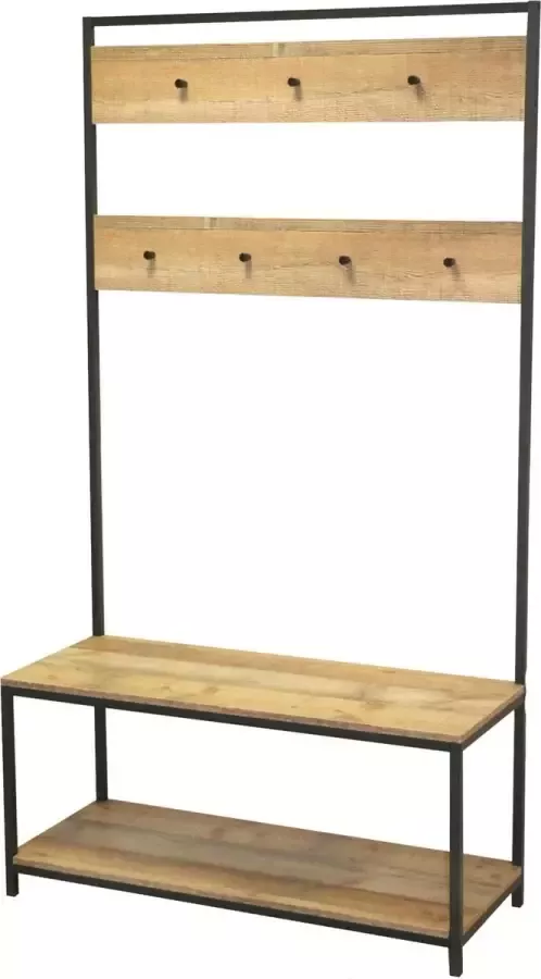 Gebor Kledingrek – Garderoberek – Jassenrek – Met Twee Rijen Haakjes en Twee Planken – Met Schoenenplank – Zwart – Naturel – Metaal – MDF – Strak Design – Industriële Look – 180x39x100cm