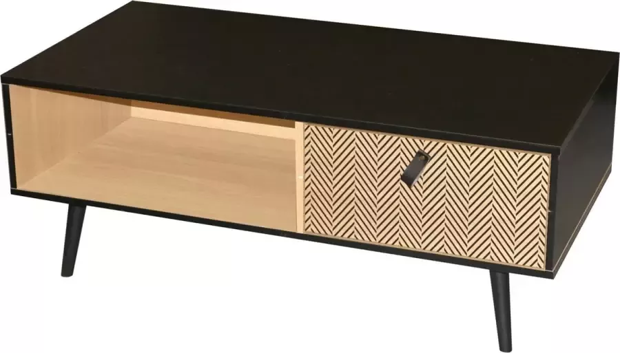 Gebor Koffietafel – Salontafel – Veel Opbergruimte – Met Lade – Retro Vintage Look – Zwart – Naturel – 100x50x40cm