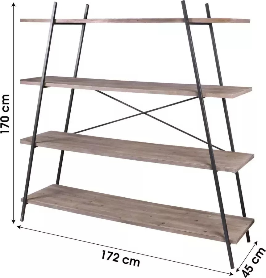 Gebor Piramide Kast Taps Toelopende Kast – Open Boekenkast – Industrieel – Staal – Zwart – Naturel – 172x45x170cm
