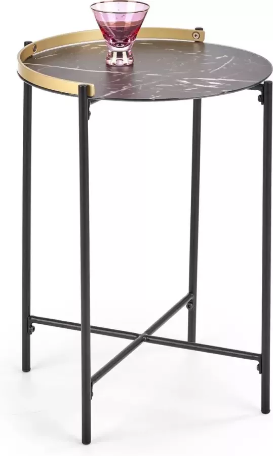 Gebor Ronde Koffietafel – Bijzettafeltje – Marmer Look – Glazen Blad – Vintage Look – Hollywood Regency Stijl Goud – Dark Marble – Mat Zwart – Staal – Glas – 60x45x45cm