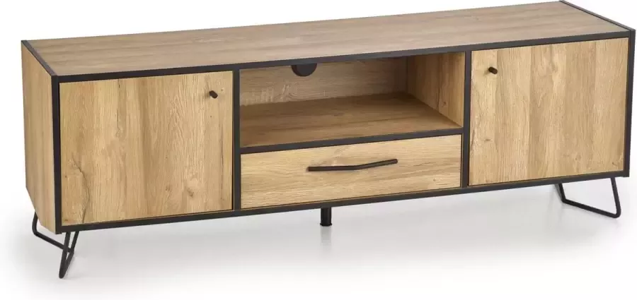 Gebor Tv-Tafel – Tv-Meubel – Veel Opbergruimte – Met Lade en Deurtjes – Retro Design – Vintage Look – Industrieel Ontwerp – Naturel – Hout – MDF – 158x40x54cm