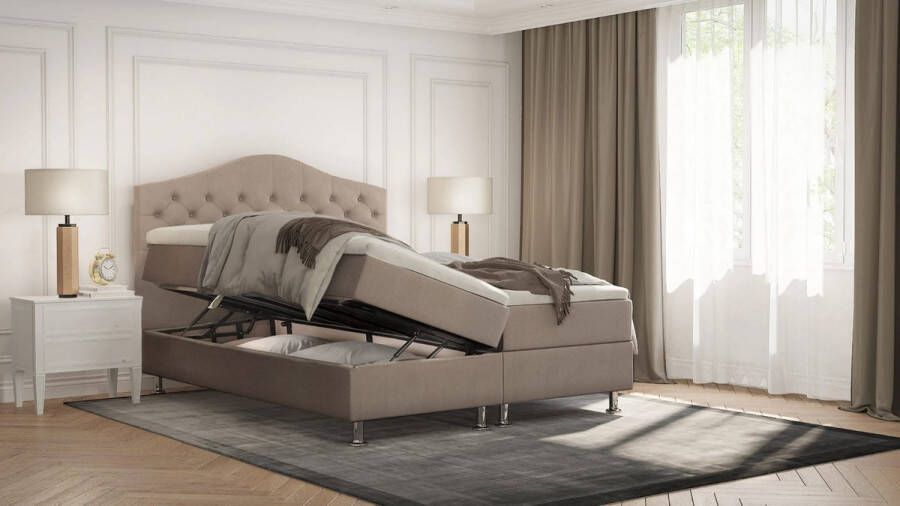 Zetelsenbedden.be Boxspring Bed Mars Beige 140x200cm compleet bed met opbergruimte seatsandbeds.be