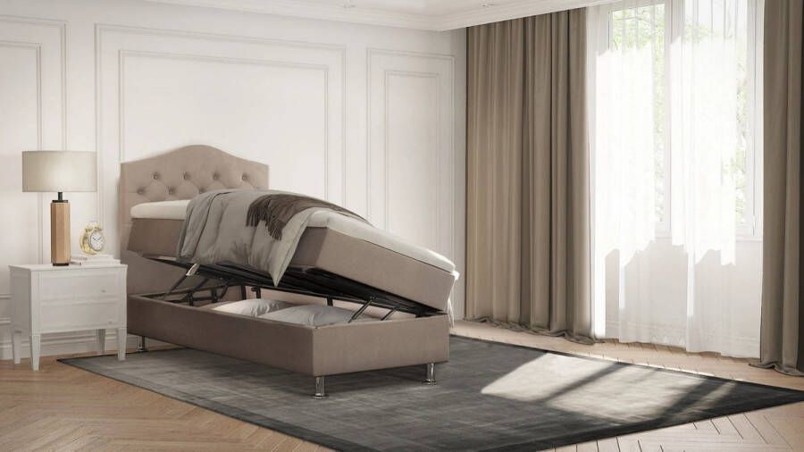 Zetelsenbedden.be Boxspring Bed Mars Beige 90x200 cm compleet bed met opbergruimte zetels en bedden boxspring eenpersoon