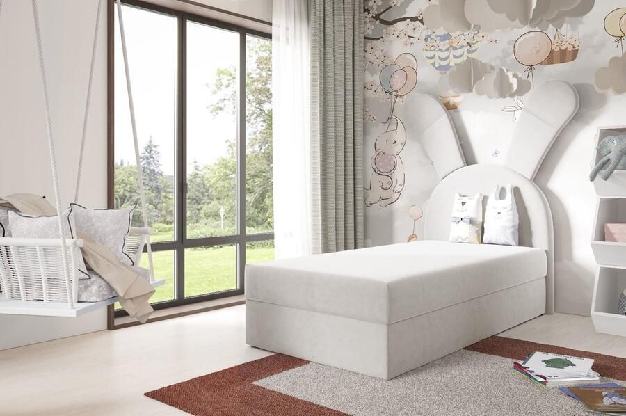 Geen merk Boxspring Bunny 100x200 velvet beige waterafstotend compleet bed met vaste matras en opbergruimte