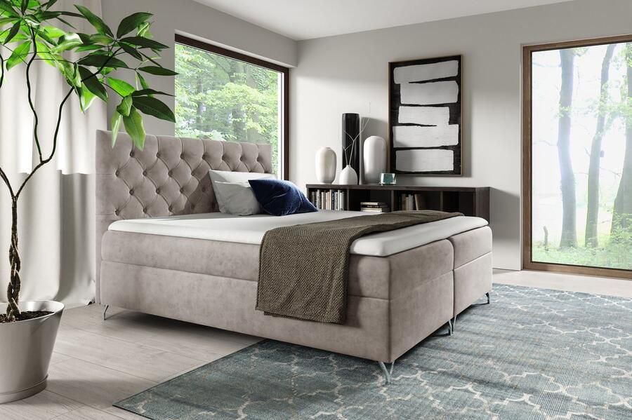 Geen merk Boxspring Gilles 140x200 cm- met opbergruimte matt velvet taupe Compleet Bed Set inclusief topper