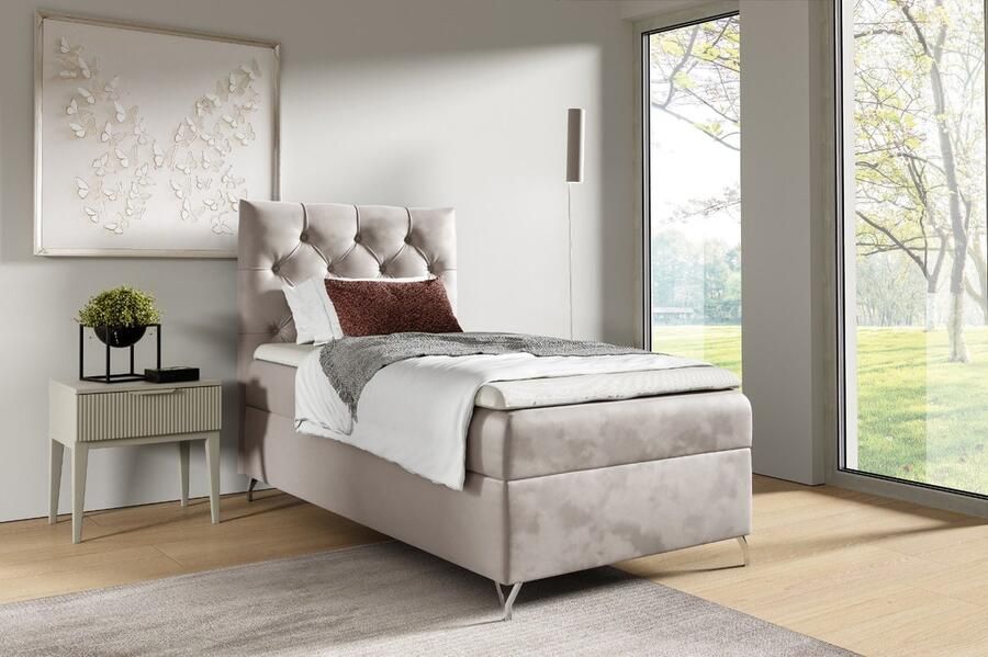 Geen merk Boxspring Gilles 90x200 cm- met opbergruimte matt velvet taupe Compleet Bed Set inclusief topper