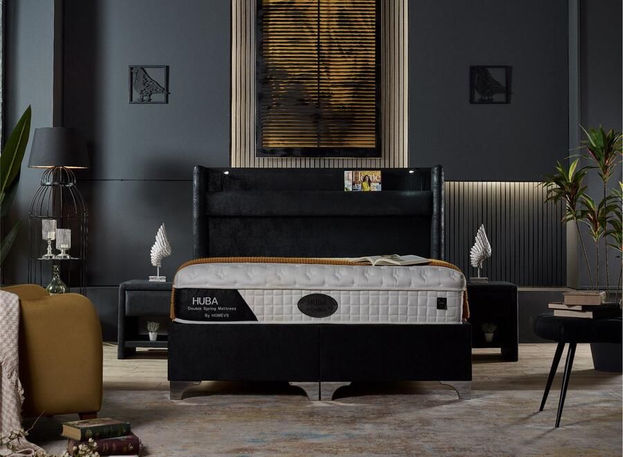 Geen merk Boxspring hubby 160x200- zonder matras- met opbergruimte- microvezelstof zwart