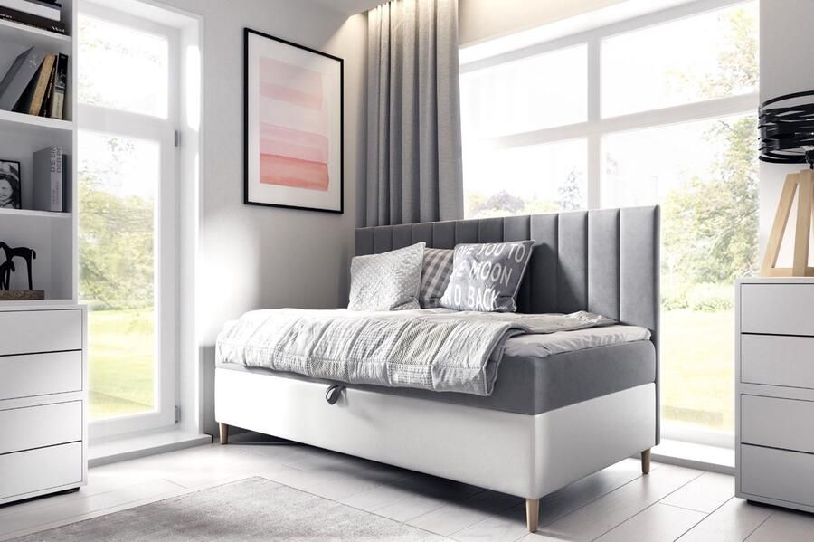 Geen merk boxspring junior 90x200- grijs +wit- met vaste matras bed of sofa zetel met opbergruimte en topper 4cm