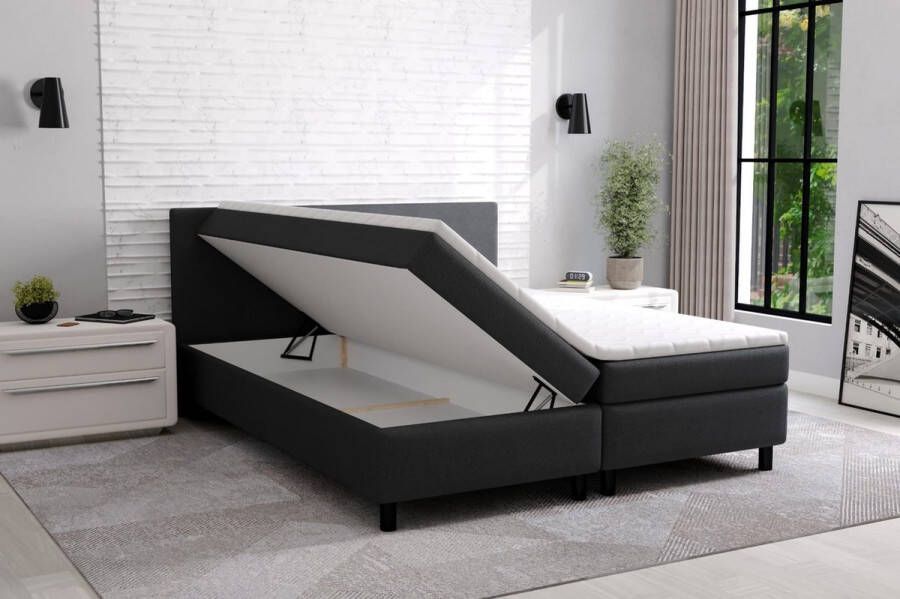 Geen merk Boxspring Met opbergruimte Erolla 120x200 cm zwart stof zetelsenbedden.be Compleet bed met matras en topper bed storage