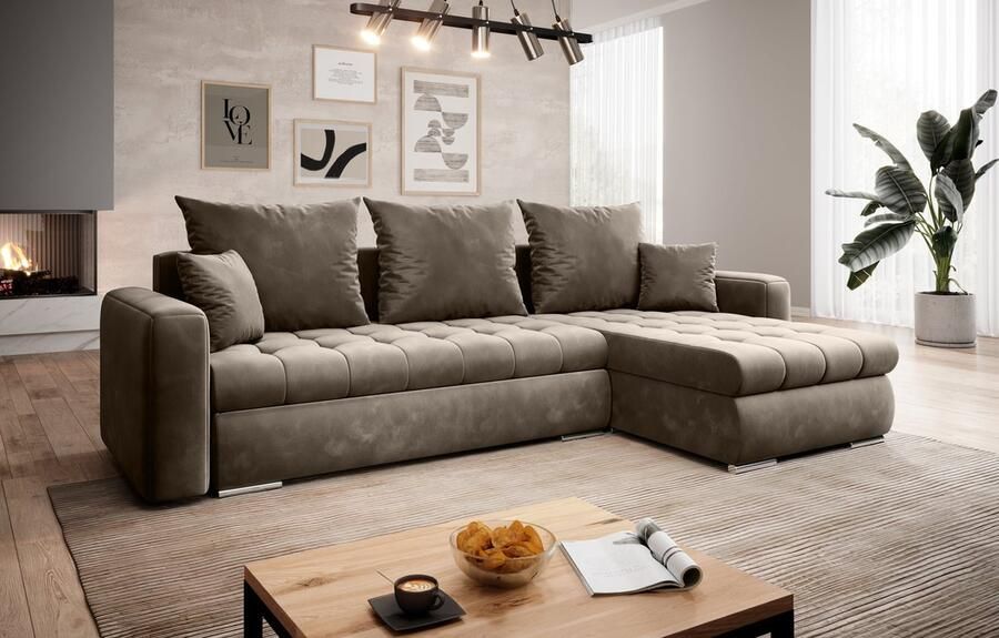 Geen merk Hoekbank Candy Taupe Velvet Met bed en Opbergruimte Hoeksalon Zitbank Universeel Links of Rechts lounge