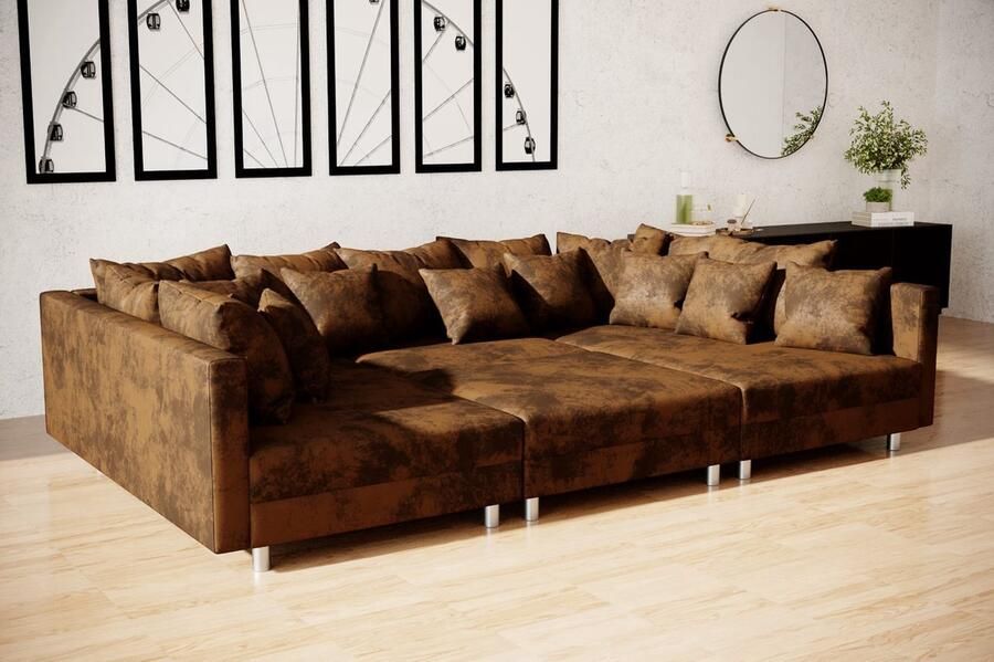 Geen merk Hoekbank Claudia U vormig- vintage bruin met poef (hocker) Panoramisch hoeksalon Claudia wooneiland met poef - Foto 2