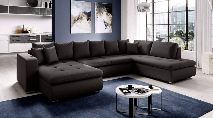 Geen merk Hoekbank Fador U Met Bedfunctie Antraciet Zwart Hoeksalon met Slaapfunctie wooneiland